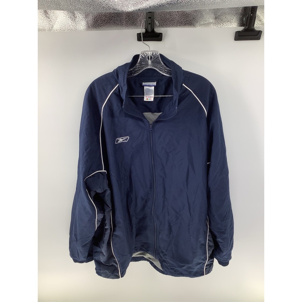 Reebok Mens Navy Blue Full Zip Windbreaker Jacket White Piping Size 2XL RN 69421